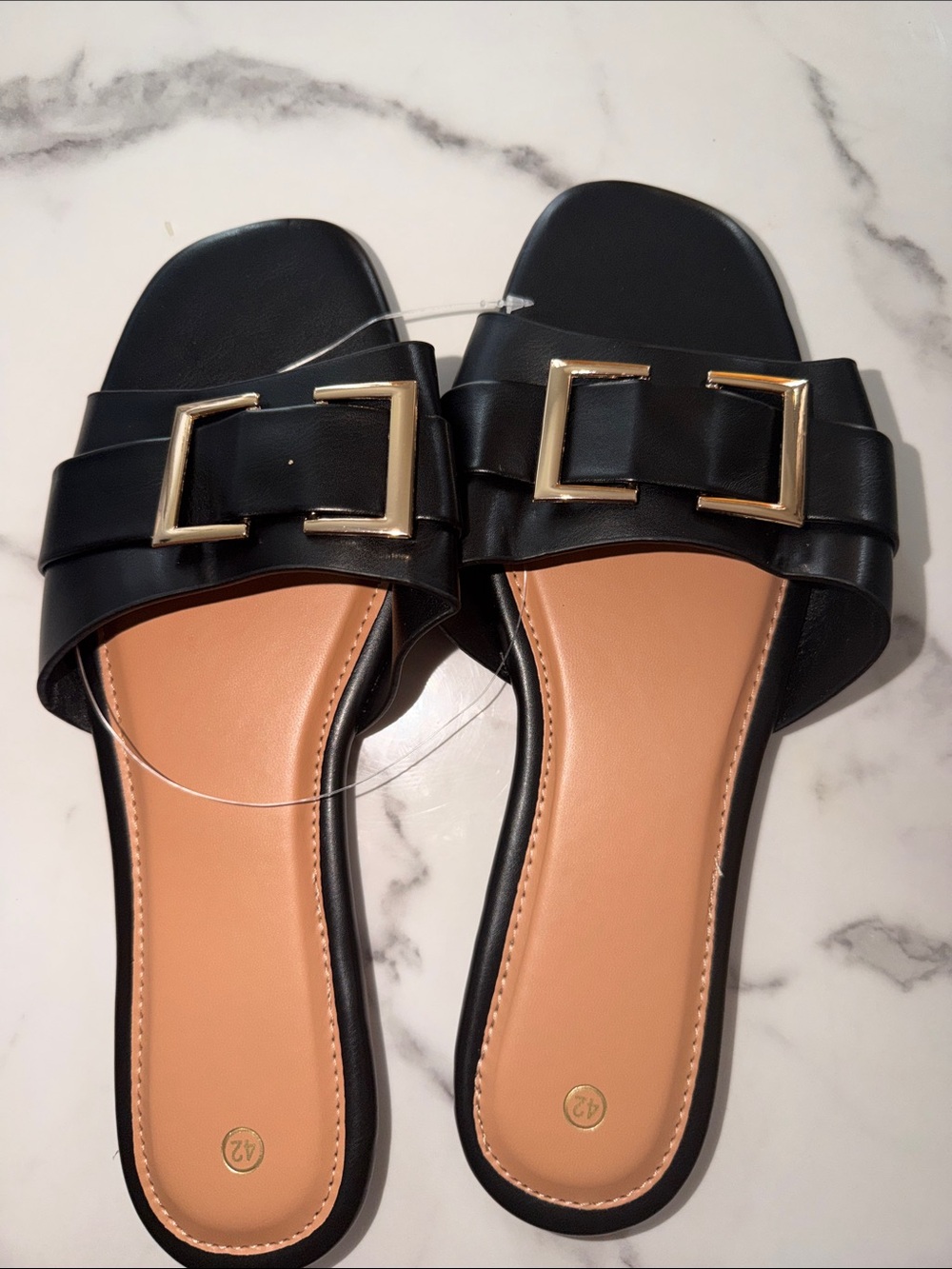 Black Slide Sandals with Gold Buckle Accent